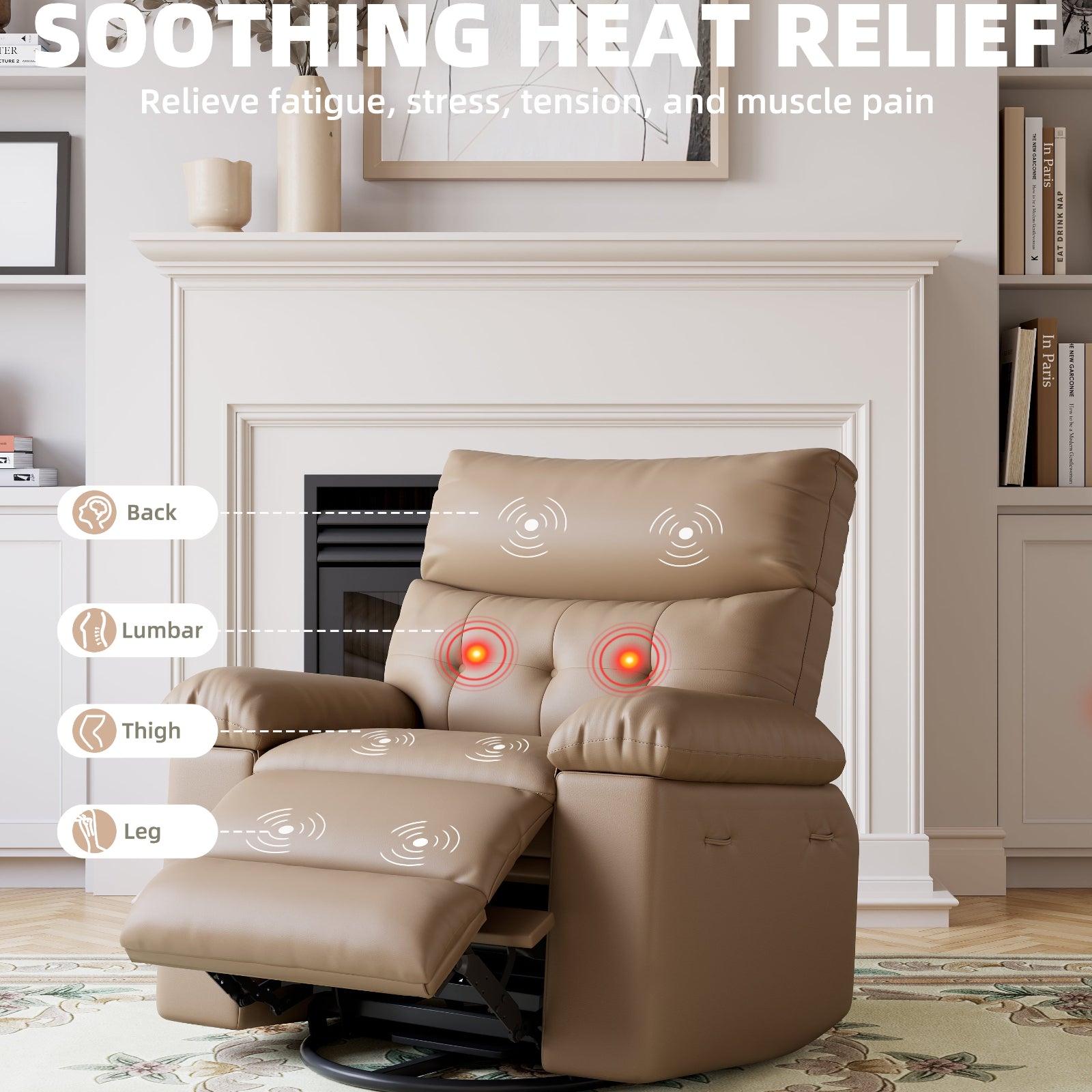 Garvee Oversized Recliner Chairs with Heat and Massage - 360° Swivel Lazy Boy Recliner Chair for Adults- Manual Rocking Chair with Cup Holder for Living Rooms, Bedrooms, and Nurseries - Tan