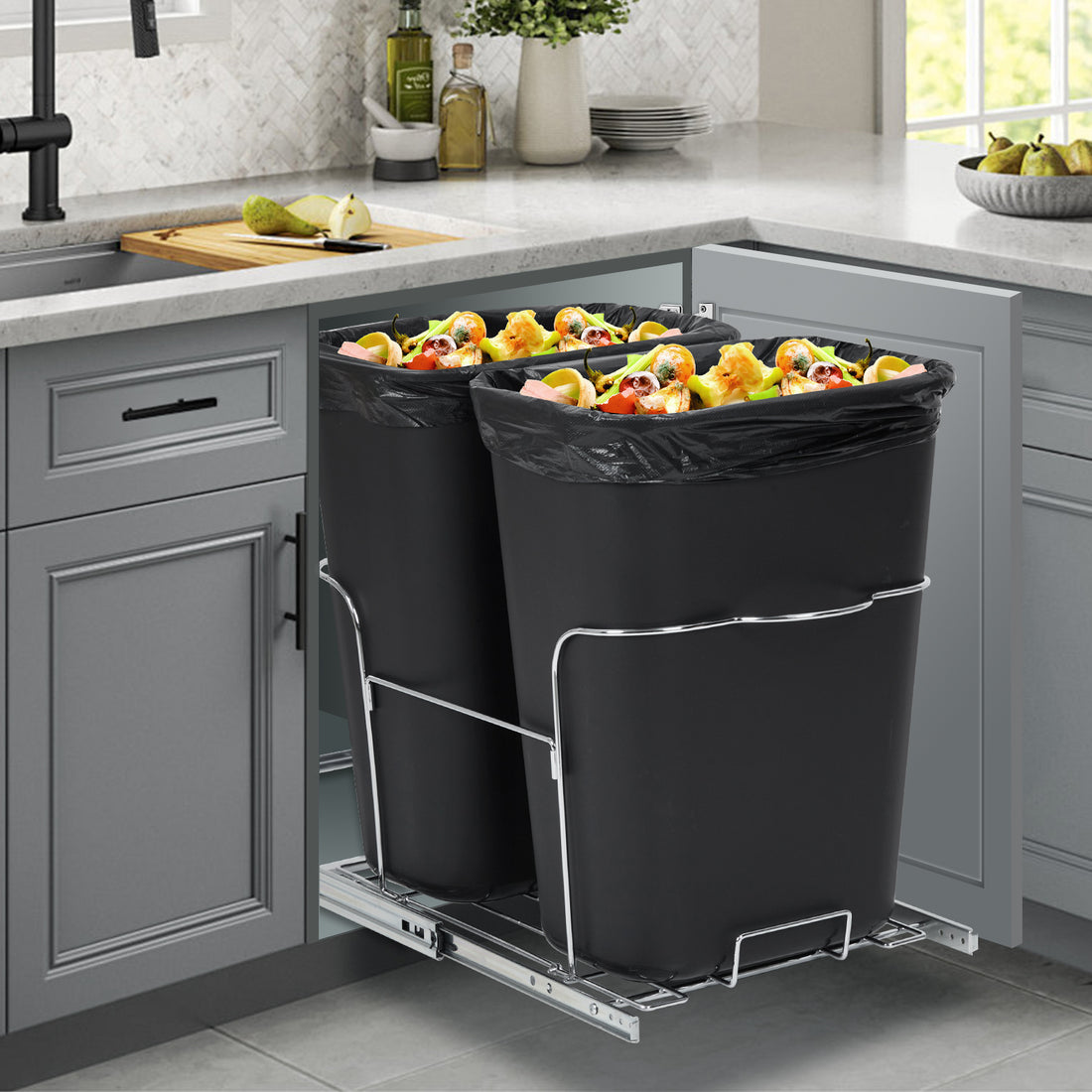 Garvee 2×35QT Garbage Waste Recyling Bin with Full Extension Slides, Space-Saving Design, Eco-Friendly Waste Management, Multi-Purpose Bins, Pullout Trash Can for Under Kitchen Cabinets, Black