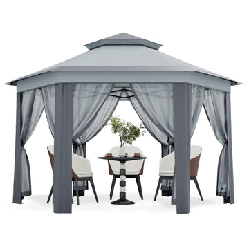 Garvee 13'x13' Hexagonal Pop-Up Gazebo Tent with Mosquito Netting - 6-Sided Instant Outdoor Canopy, Sun Shelter Pavilion for Patio, Light Grey & Dark Grey