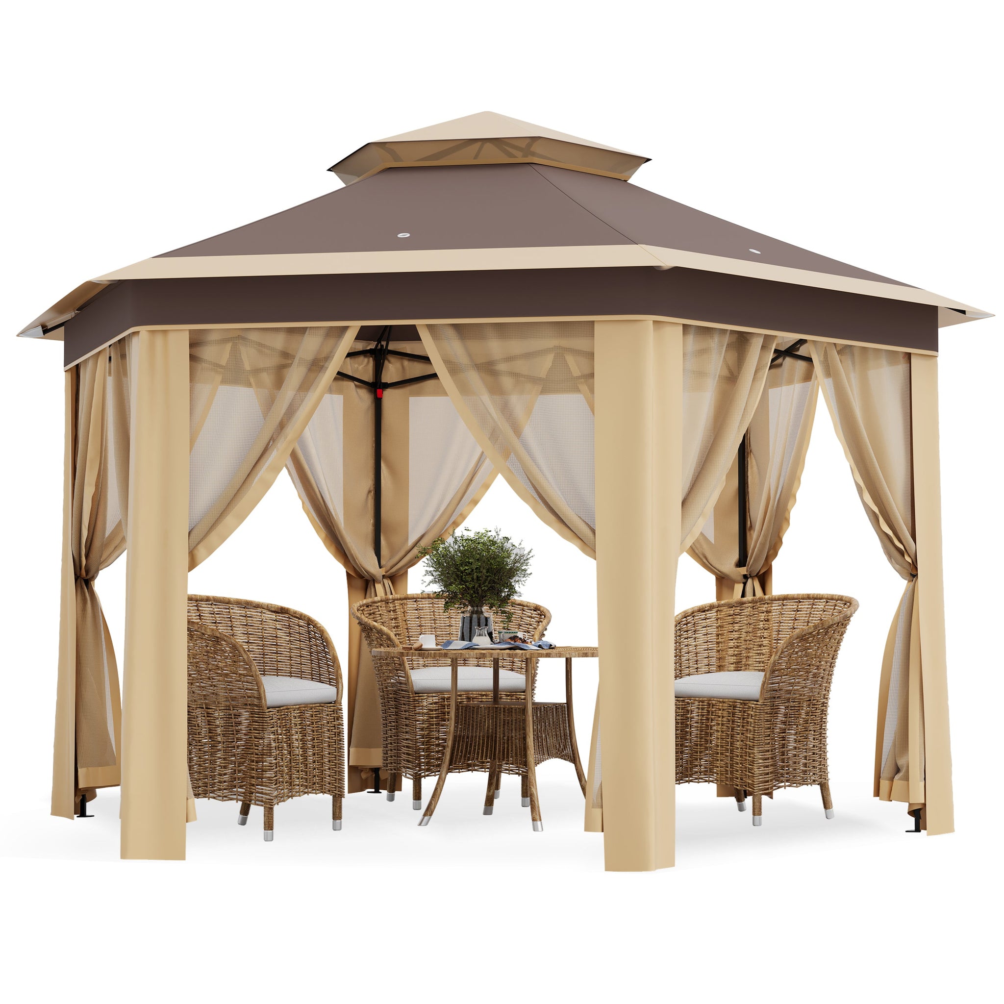 Garvee 13'x13' Hexagonal Pop-Up Gazebo Tent with Mosquito Netting - 6-Sided Instant Outdoor Canopy, Sun Shelter Pavilion for Patio, Khaki & Beige