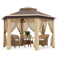 Garvee 13'x13' Hexagonal Pop-Up Gazebo Tent with Mosquito Netting - 6-Sided Instant Outdoor Canopy, Sun Shelter Pavilion for Patio, Khaki & Beige