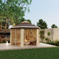 Garvee 13'x13' Hexagonal Pop-Up Gazebo Tent with Mosquito Netting - 6-Sided Instant Outdoor Canopy, Sun Shelter Pavilion for Patio, Khaki & Beige