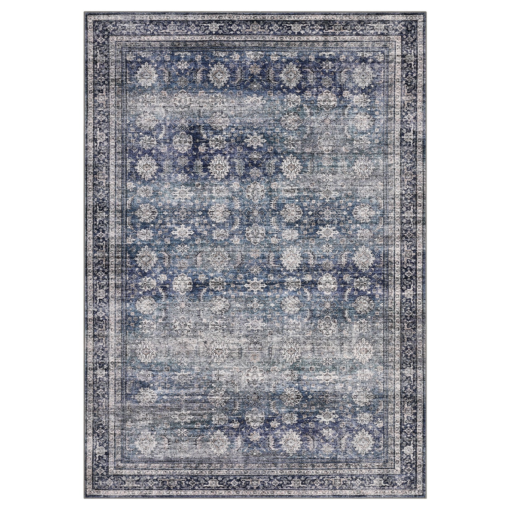 Garvee Oriental Retro Blue 4x6 Washable Vintage Rugs, Non-Slip Low Pile Pearl Velvet Polyester Floral Print Foldable for Living Room Bedroom