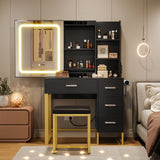 Garvee Black Vanity Desk with Mirror and Lights, Makeup Vanity Desk with Sliding LED Lighted Mirror, Power Outlet, Makeup Vanity Set with 4 Drawers, Storage Shelves, Cushioned Stool for Bedroom - Black