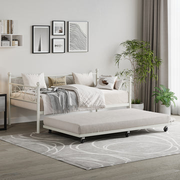 Garvee Heavy Duty Twin Daybed with Trundle, Metal Sofa Single Bed Frame with Slats & Headboard, No Box Spring Needed, Multifunctional Platform Bed for Bedroom, Guest Room, White