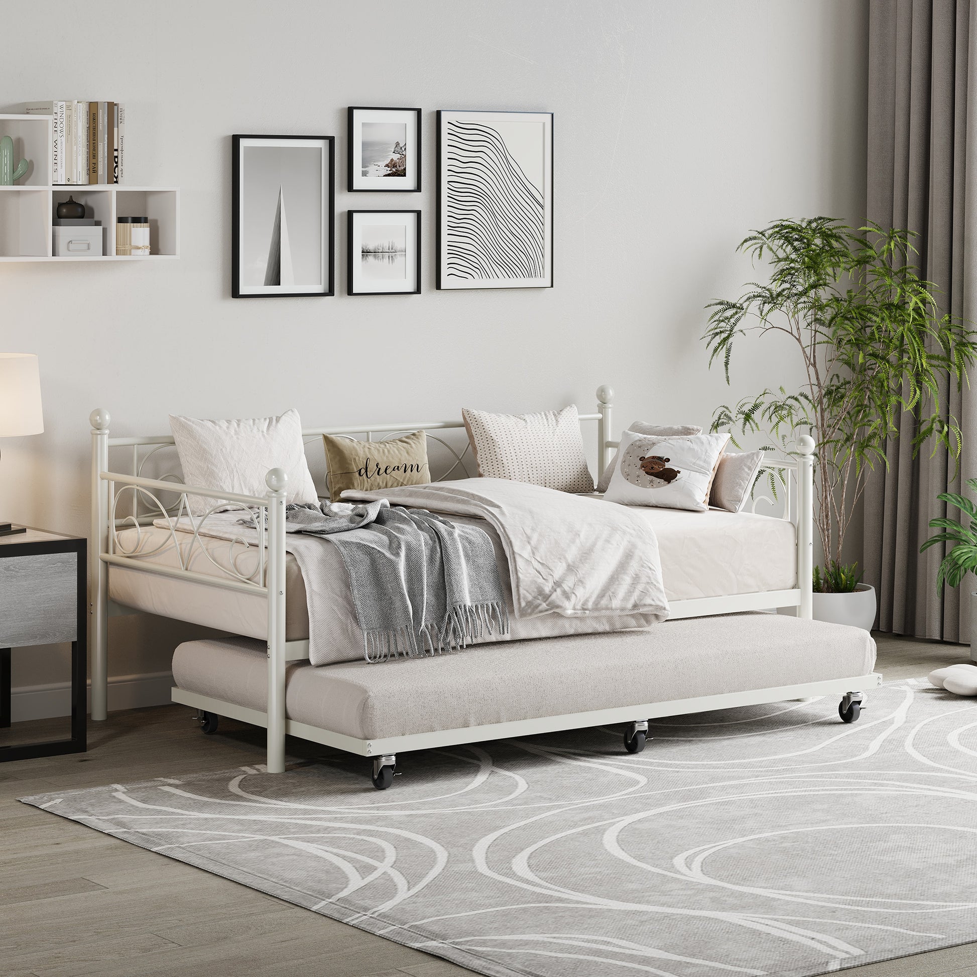 Garvee Heavy Duty Twin Daybed with Trundle, Metal Sofa Single Bed Frame with Slats & Headboard, No Box Spring Needed, Multifunctional Platform Bed for Bedroom, Guest Room, White