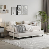 Garvee Heavy Duty Twin Daybed with Trundle, Metal Sofa Single Bed Frame with Slats & Headboard, No Box Spring Needed, Multifunctional Platform Bed for Bedroom, Guest Room, White