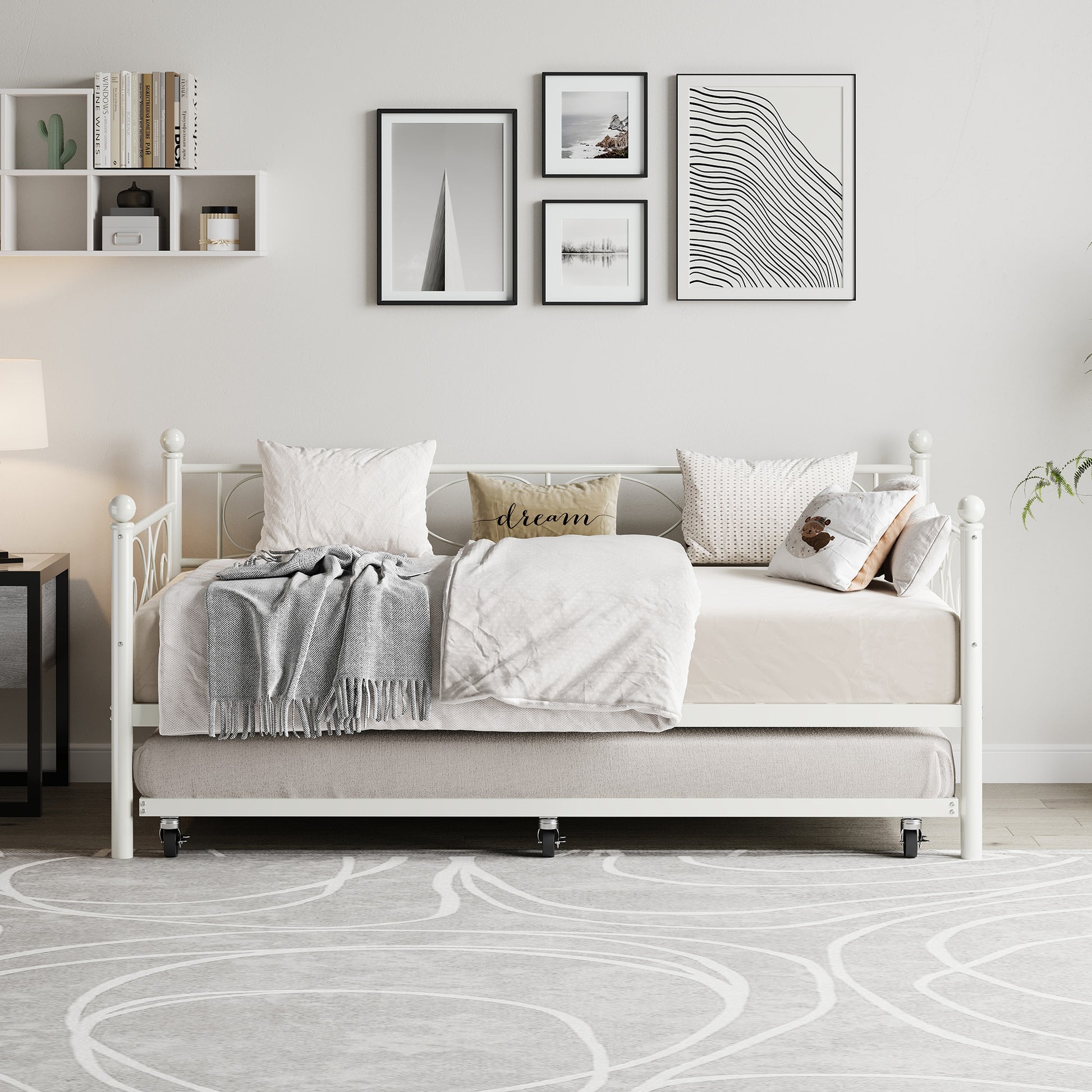 Garvee Heavy Duty Twin Daybed with Trundle, Metal Sofa Single Bed Frame with Slats & Headboard, No Box Spring Needed, Multifunctional Platform Bed for Bedroom, Guest Room, White