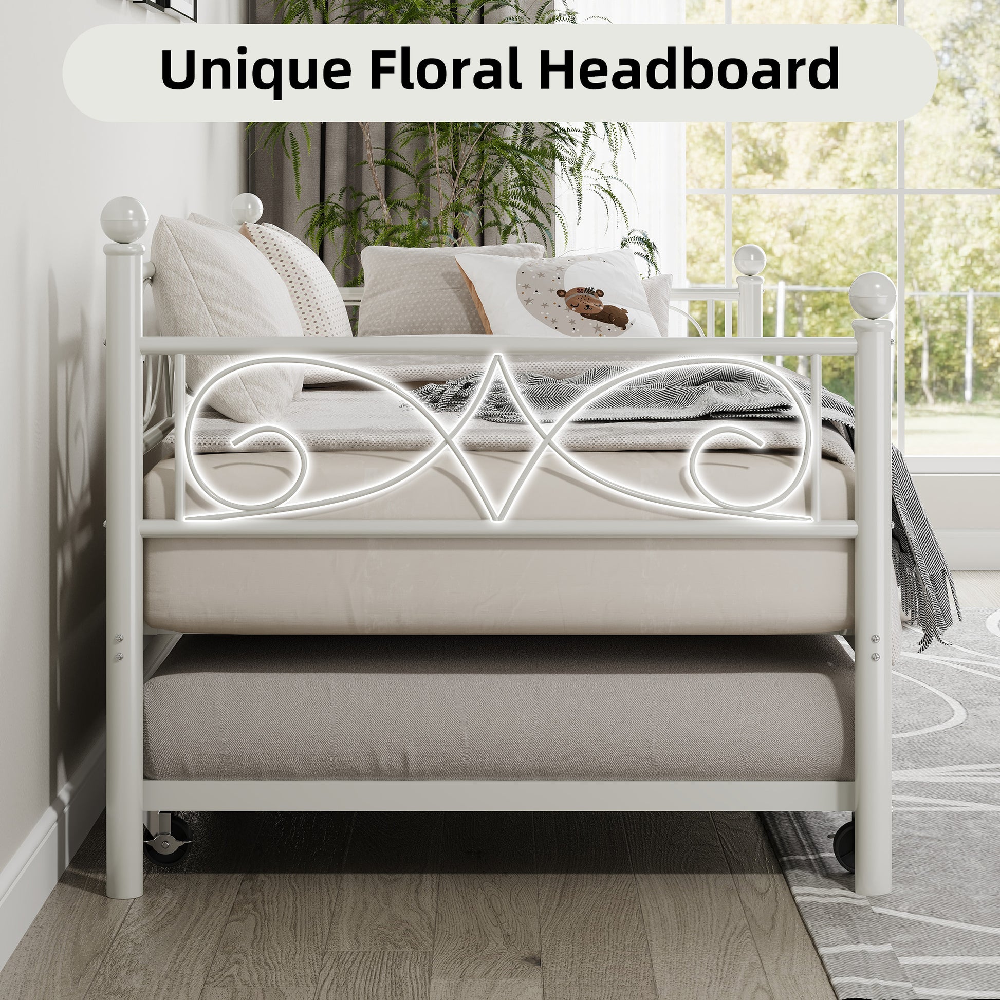 Garvee Heavy Duty Twin Daybed with Trundle, Metal Sofa Single Bed Frame with Slats & Headboard, No Box Spring Needed, Multifunctional Platform Bed for Bedroom, Guest Room, White