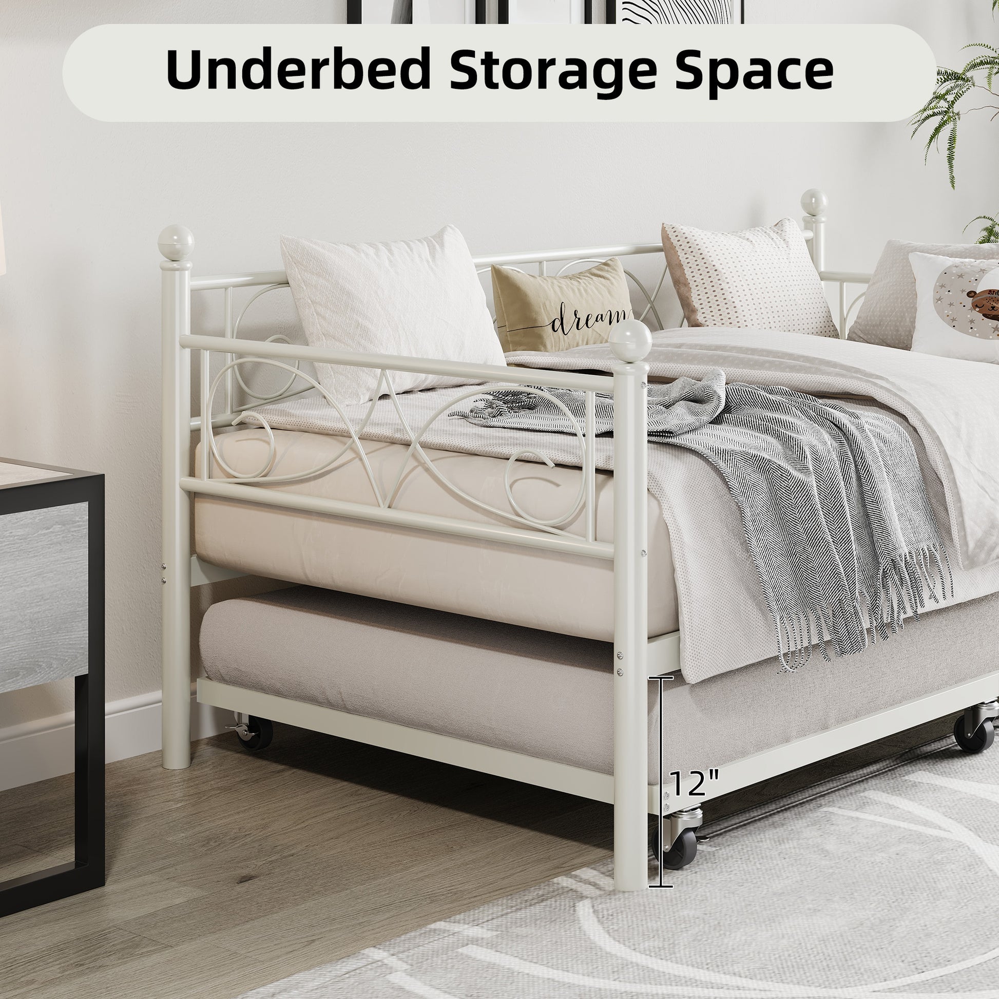 Garvee Heavy Duty Twin Daybed with Trundle, Metal Sofa Single Bed Frame with Slats & Headboard, No Box Spring Needed, Multifunctional Platform Bed for Bedroom, Guest Room, White