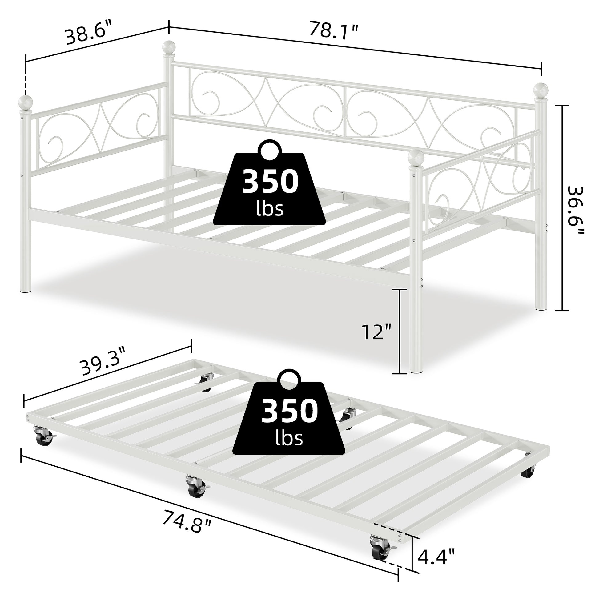 Garvee Heavy Duty Twin Daybed with Trundle, Metal Sofa Single Bed Frame with Slats & Headboard, No Box Spring Needed, Multifunctional Platform Bed for Bedroom, Guest Room, White