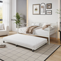 Garvee Heavy Duty Twin Daybed with Trundle, Metal Sofa Single Bed Frame with Slats & Headboard, No Box Spring Needed, Multifunctional Platform Bed for Bedroom, Guest Room, White