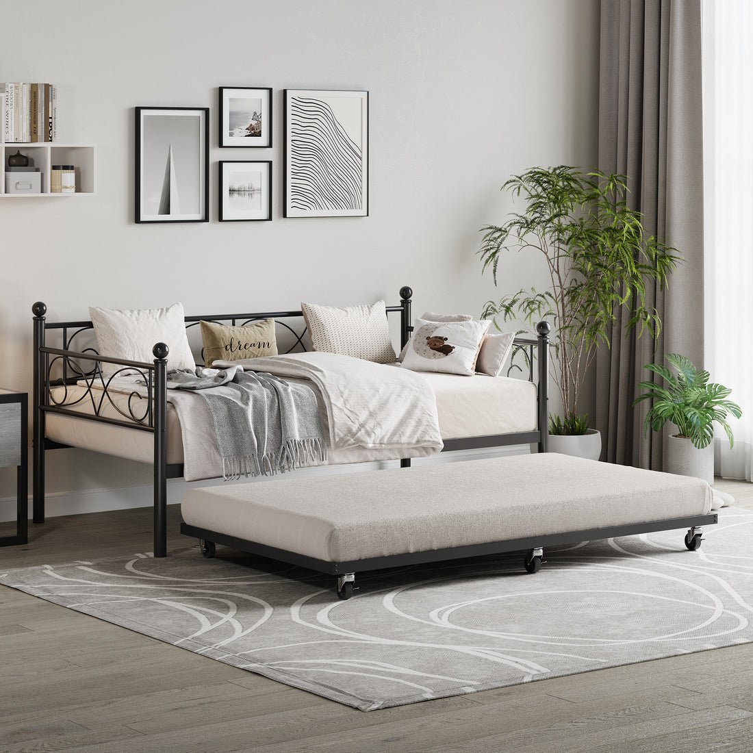Garvee Twin Daybed with Trundle, Metal Sofa Single Bed Frame with Heavy Duty Metal Slats & Headboard, No Box Spring Needed, Multifunctional Platform Bed for Bedroom, Guest Room, Black