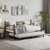 Garvee Twin Daybed with Trundle, Metal Sofa Single Bed Frame with Heavy Duty Metal Slats & Headboard, No Box Spring Needed, Multifunctional Platform Bed for Bedroom, Guest Room, Black
