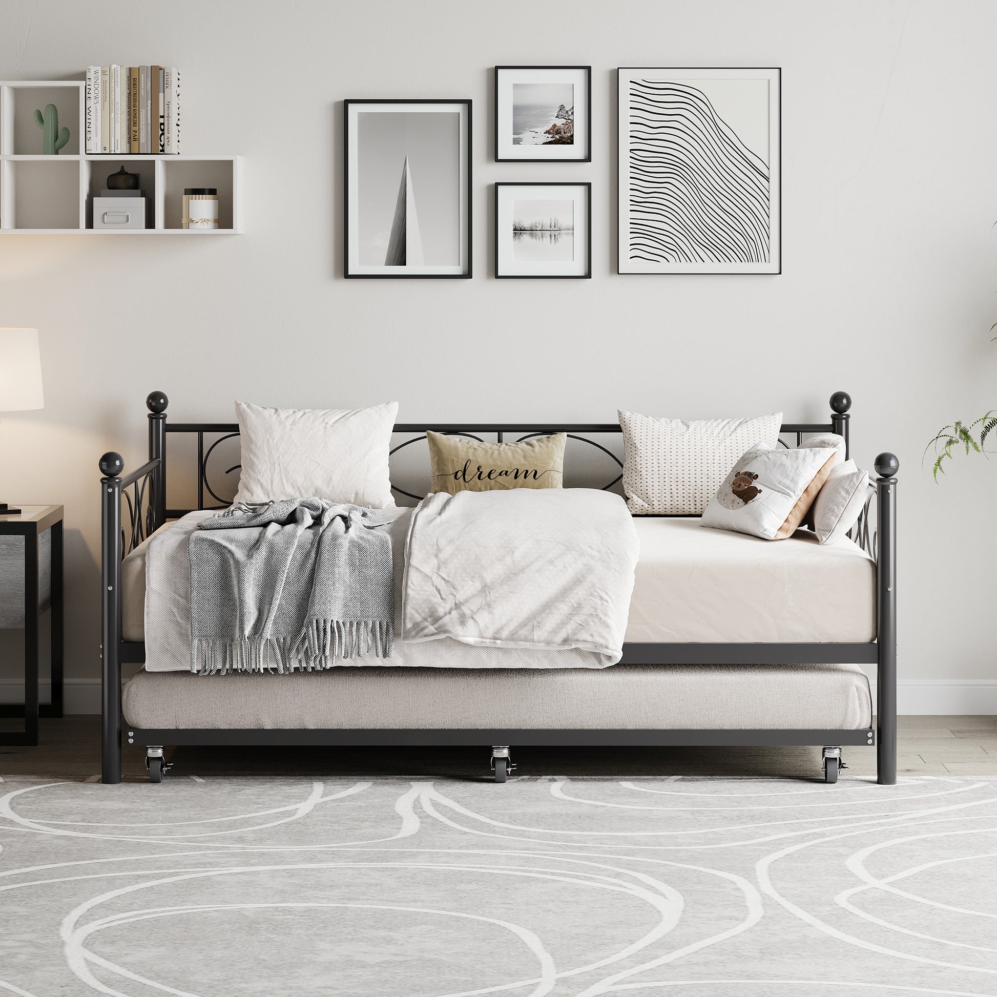 Garvee Twin Daybed with Trundle, Metal Sofa Single Bed Frame with Heavy Duty Metal Slats & Headboard, No Box Spring Needed, Multifunctional Platform Bed for Bedroom, Guest Room, Black