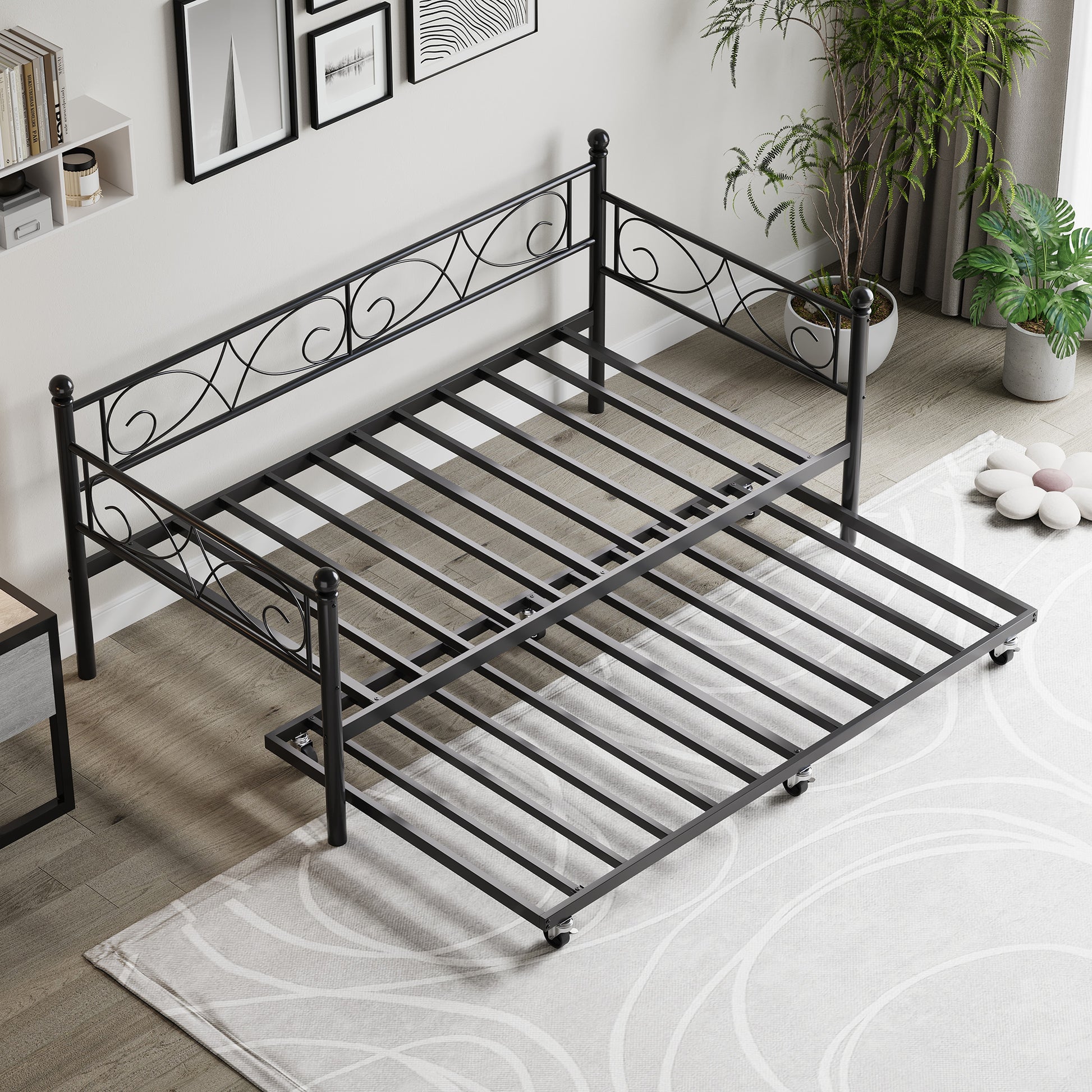 Garvee Twin Daybed with Trundle, Metal Sofa Single Bed Frame with Heavy Duty Metal Slats & Headboard, No Box Spring Needed, Multifunctional Platform Bed for Bedroom, Guest Room, Black