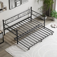 Garvee Twin Daybed with Trundle, Metal Sofa Single Bed Frame with Heavy Duty Metal Slats & Headboard, No Box Spring Needed, Multifunctional Platform Bed for Bedroom, Guest Room, Black