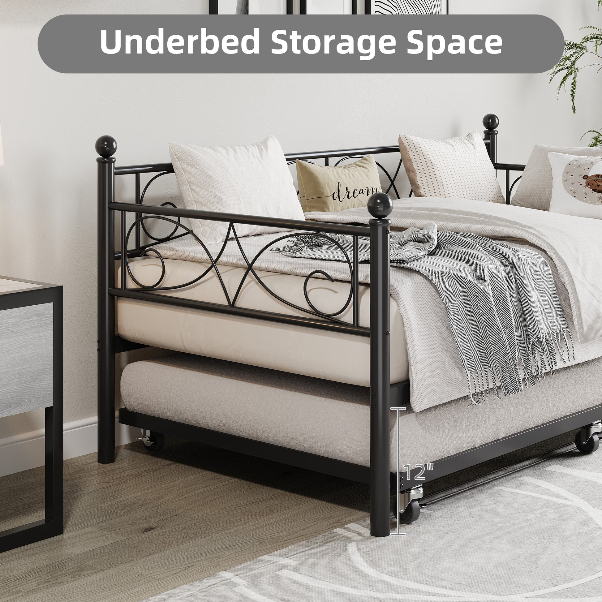 Garvee Twin Daybed with Trundle, Metal Sofa Single Bed Frame with Heavy Duty Metal Slats & Headboard, No Box Spring Needed, Multifunctional Platform Bed for Bedroom, Guest Room, Black