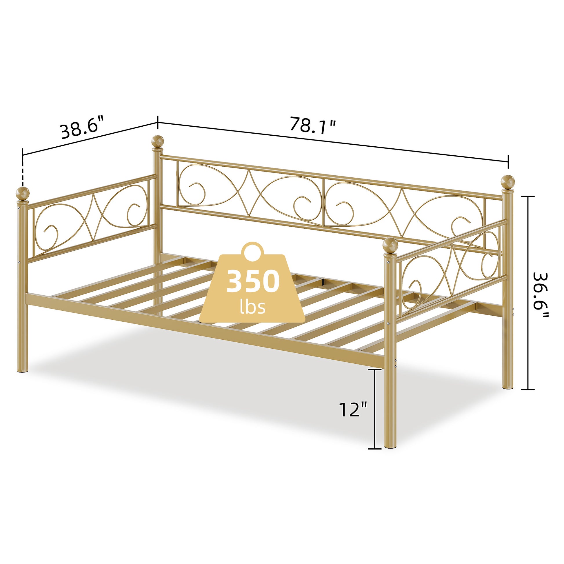 Garvee Twin Size Daybed Frame, Metal Daybed with Floral Headboard, Heavy Duty Steel Slats Supports, Modern Twin Bed Frame for Living Room, Guest Room, Gold