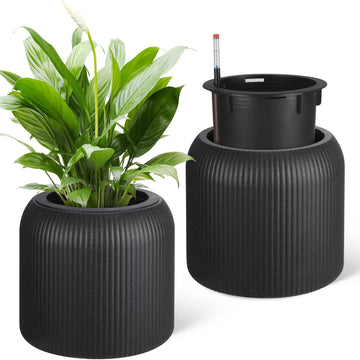 Garvee 14 Inch Tall Round Planters Set of 2, Self Watering Flower Pots with Water Level Monitor and 2 Trays, for Living Room, Bedroom Office, Patio, Porch, Garden