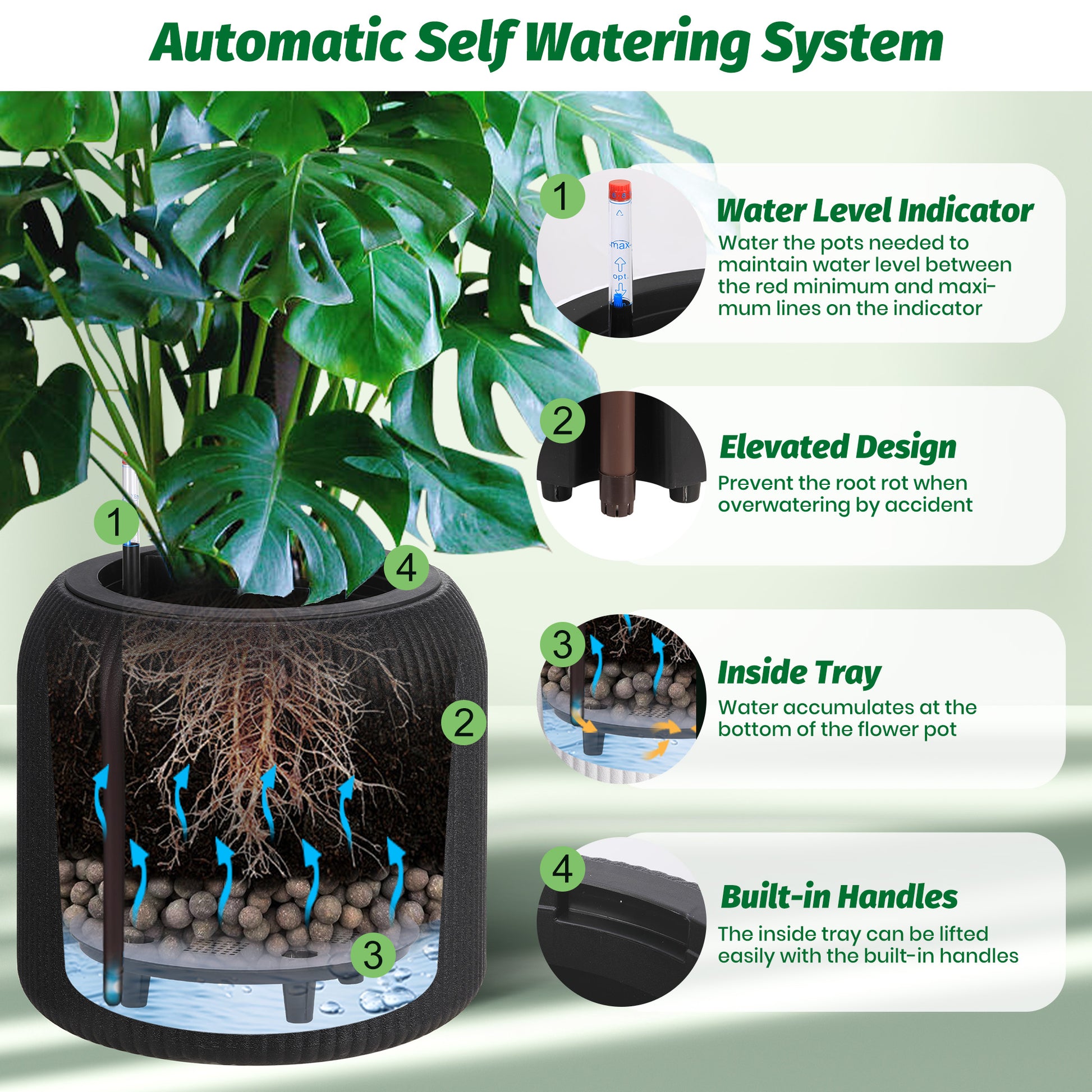 Garvee 14 Inch Tall Round Planters Set of 2, Self Watering Flower Pots with Water Level Monitor and 2 Trays, for Living Room, Bedroom Office, Patio, Porch, Garden