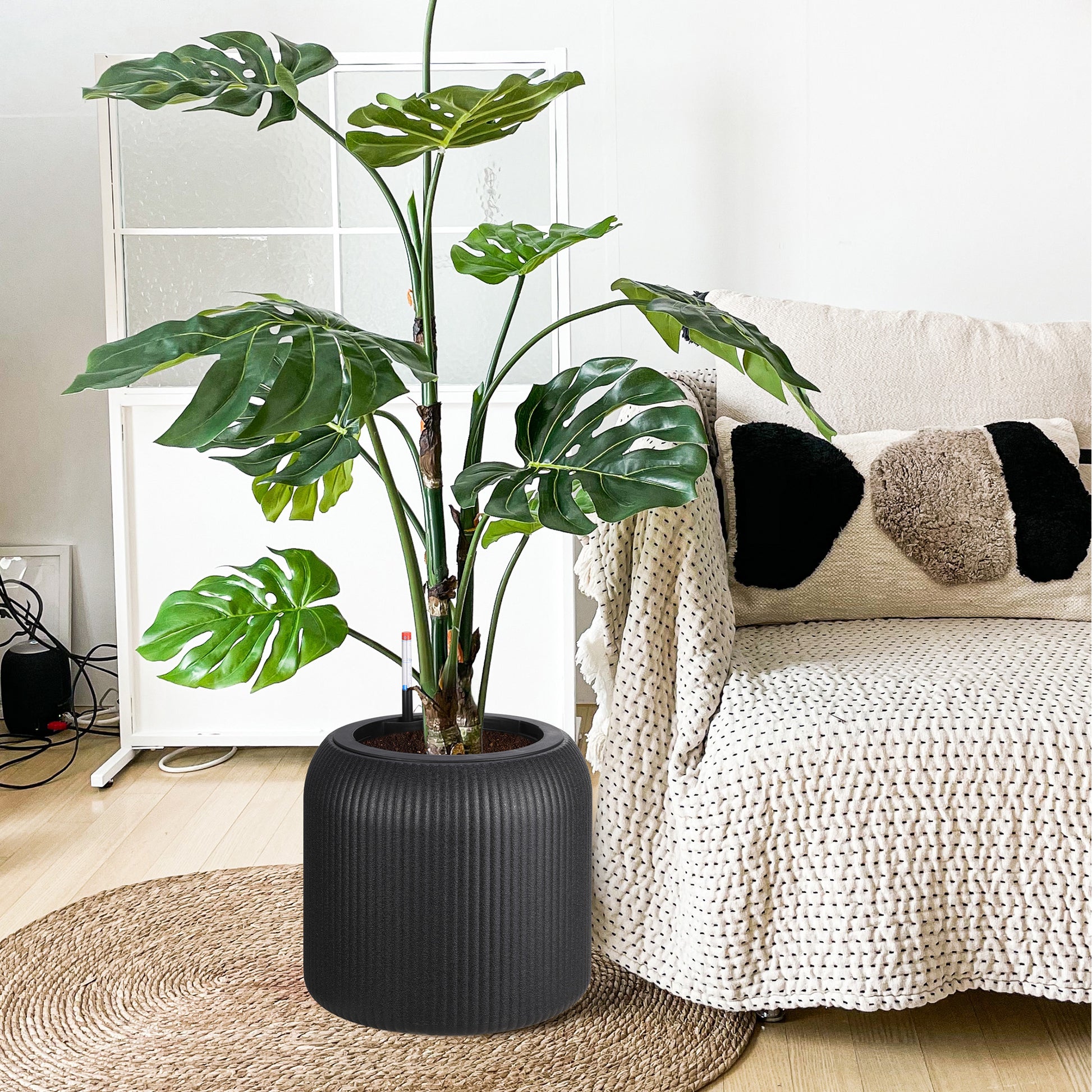 Garvee 14 Inch Tall Round Planters Set of 2, Self Watering Flower Pots with Water Level Monitor and 2 Trays, for Living Room, Bedroom Office, Patio, Porch, Garden