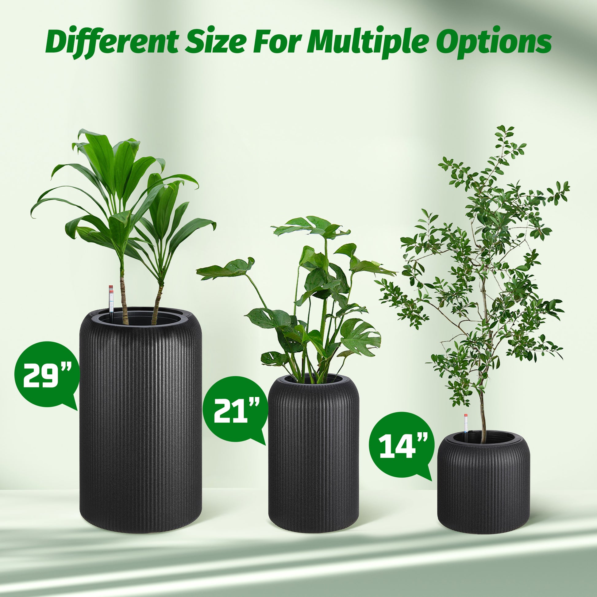 Garvee 14 Inch Tall Round Planters Set of 2, Self Watering Flower Pots with Water Level Monitor and 2 Trays, for Living Room, Bedroom Office, Patio, Porch, Garden