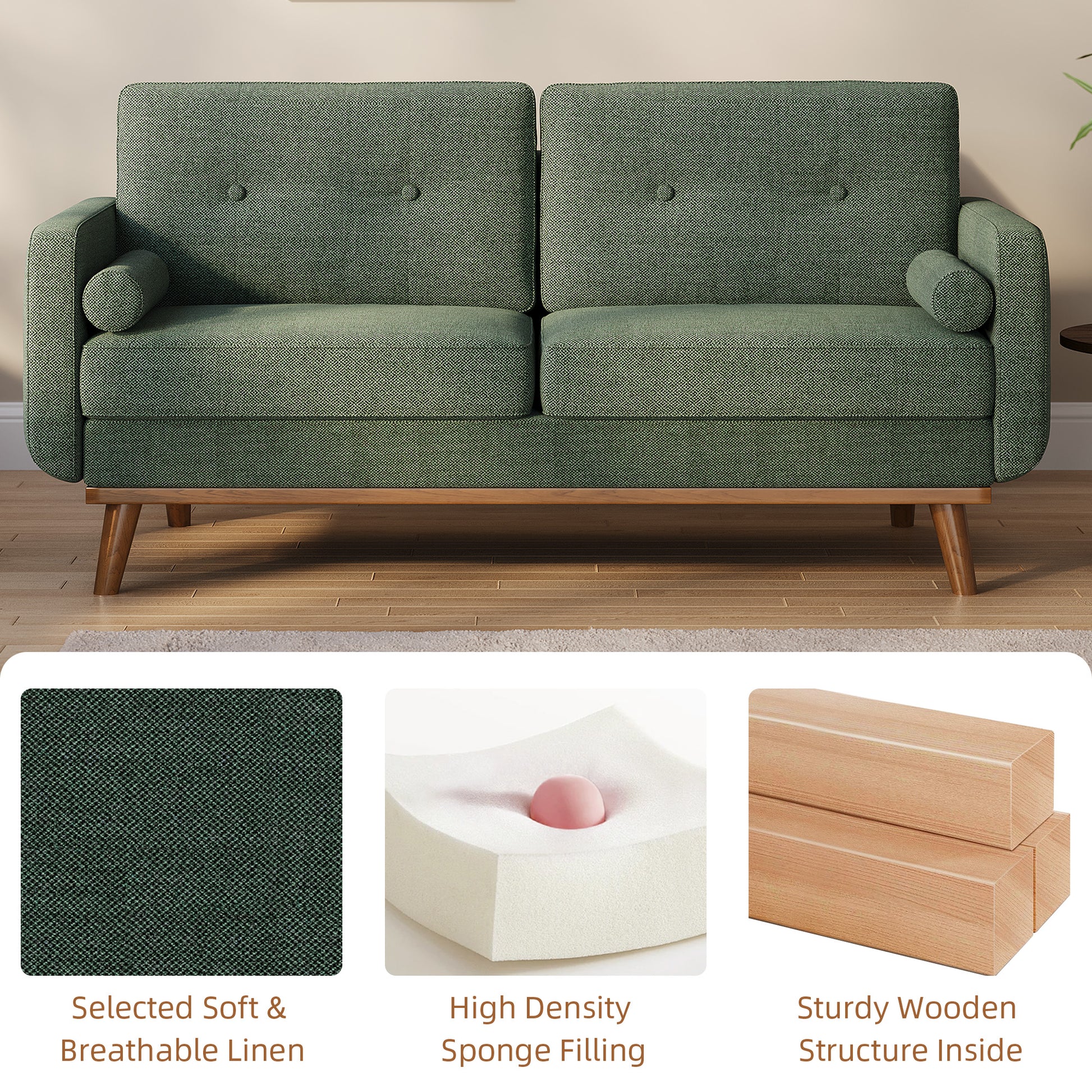 Garvee Modern 65" Loveseat Sofa,Mid Century Inspired Small Couch with Sturdy Wood Legs, Linen Blend Upholstery for Living Spaces (Forest Green)