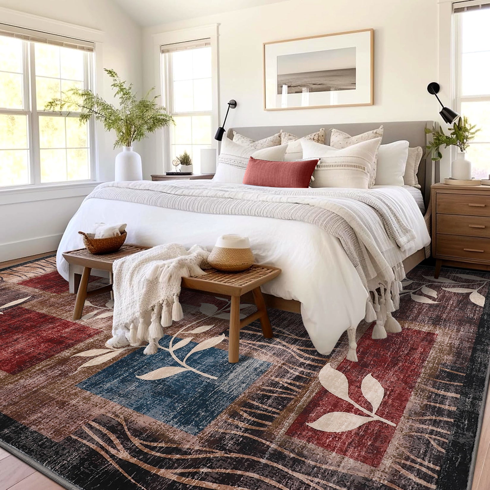 Garvee Modern Floral Red/Brown 5x7 Rug Geometric Rug Machine Washable Non-Slip Carpets for Living Room Bedroom Kitchen Dining Room, Low-Pile Non-Shedding Floor Carpet