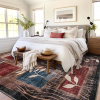 Garvee Modern Floral Red/Brown 5x7 Rug Geometric Rug Machine Washable Non-Slip Carpets for Living Room Bedroom Kitchen Dining Room, Low-Pile Non-Shedding Floor Carpet