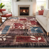 Garvee Modern Floral Red/Brown 5x7 Rug Geometric Rug Machine Washable Non-Slip Carpets for Living Room Bedroom Kitchen Dining Room, Low-Pile Non-Shedding Floor Carpet