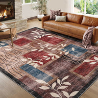 Garvee Modern Floral Red/Brown 5x7 Rug Geometric Rug Machine Washable Non-Slip Carpets for Living Room Bedroom Kitchen Dining Room, Low-Pile Non-Shedding Floor Carpet