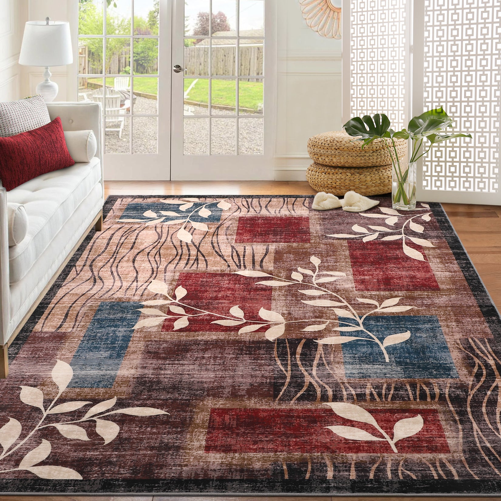 Garvee Modern Floral Red/Brown 5x7 Rug Geometric Rug Machine Washable Non-Slip Carpets for Living Room Bedroom Kitchen Dining Room, Low-Pile Non-Shedding Floor Carpet