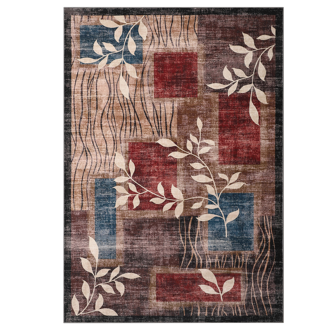 Garvee Modern Floral Red/Brown 5x7 Rug Geometric Rug Machine Washable Non-Slip Carpets for Living Room Bedroom Kitchen Dining Room, Low-Pile Non-Shedding Floor Carpet