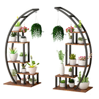 Garvee 2-Pack 5-Tier Half Moon Plant Stand, Curved Ladder Flower Pot Display Rack with Hanging, Powder-Coated Steel & MDF, Indoor/Outdoor, Brown