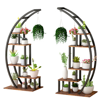 Garvee 2-Pack 5-Tier Half Moon Plant Stand, Curved Ladder Flower Pot Display Rack with Hanging, Powder-Coated Steel & MDF, Indoor/Outdoor, Brown