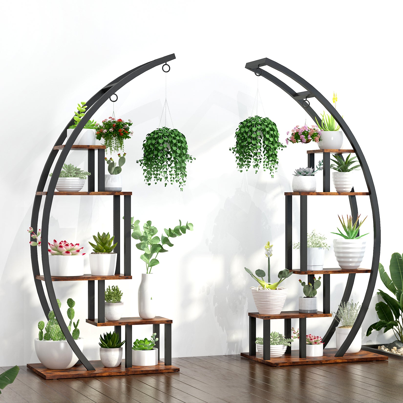 Garvee 2-Pack 5-Tier Half Moon Plant Stand, Curved Ladder Flower Pot Display Rack with Hanging, Powder-Coated Steel & MDF, Indoor/Outdoor, Brown
