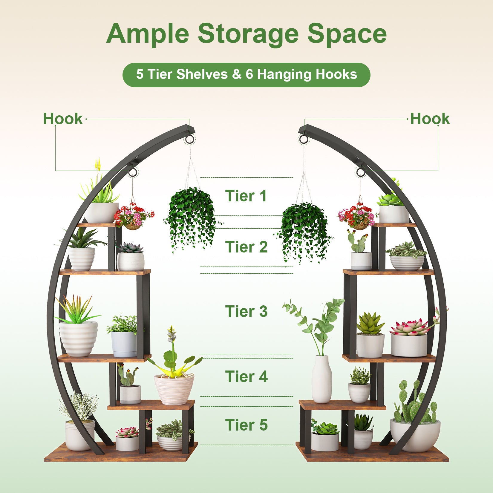 Garvee 2-Pack 5-Tier Half Moon Plant Stand, Curved Ladder Flower Pot Display Rack with Hanging, Powder-Coated Steel & MDF, Indoor/Outdoor, Brown