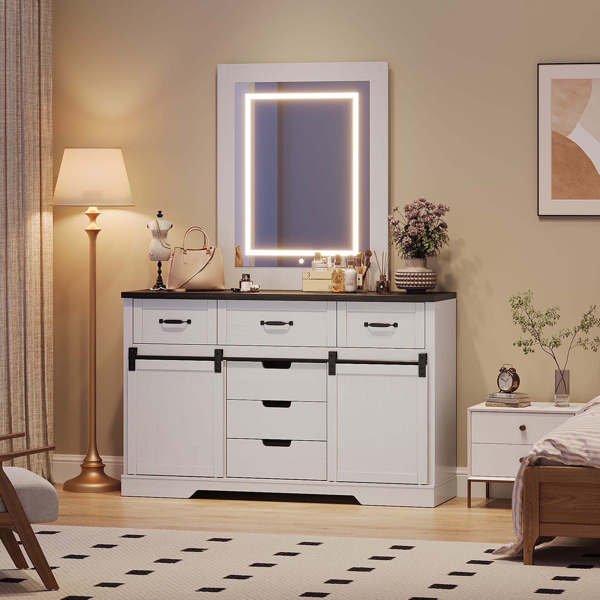 Garvee 6 Drawers Dresser with Mirror for Bedroom, Makeup Vanity with Light Mirror, Farmhouse Modern Dressers, Chest of Drawers with Sliding Barn Doors for Bedroom, Living Room