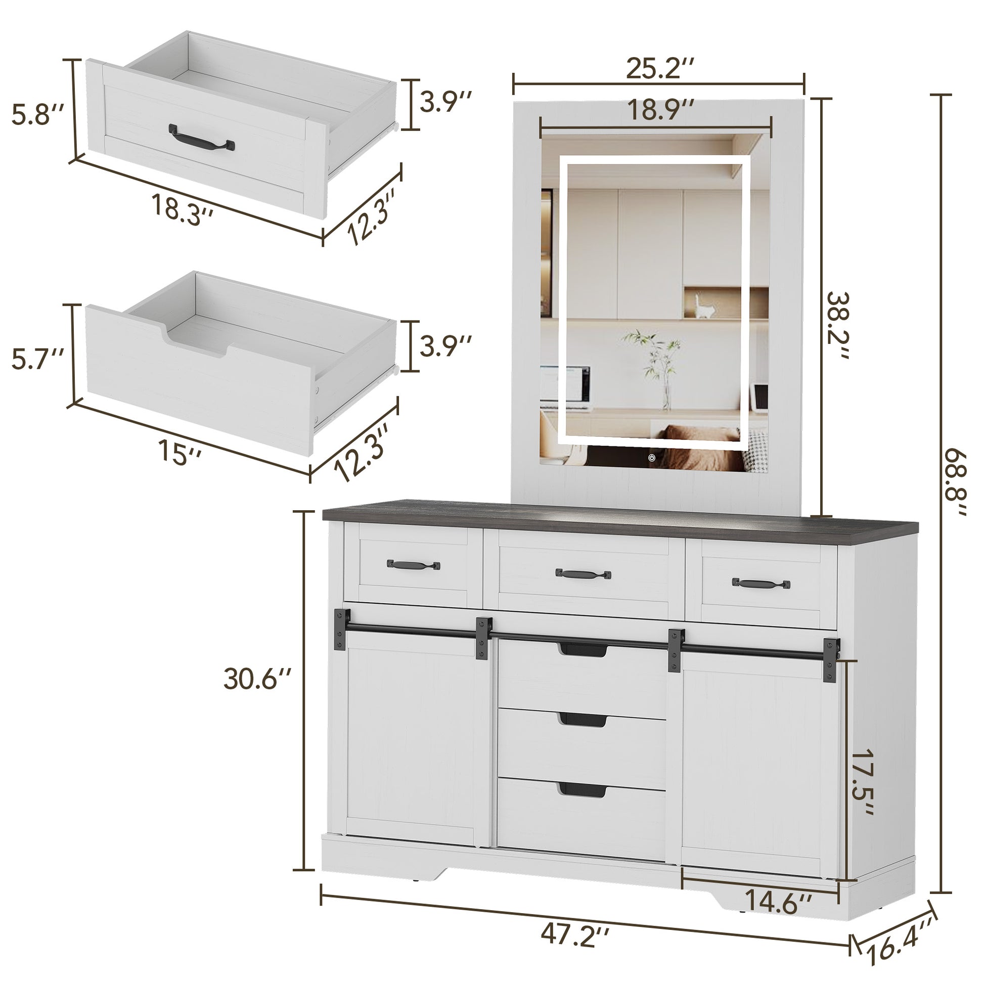 Garvee 6 Drawers Dresser with Mirror for Bedroom, Makeup Vanity with Light Mirror, Farmhouse Modern Dressers, Chest of Drawers with Sliding Barn Doors for Bedroom, Living Room