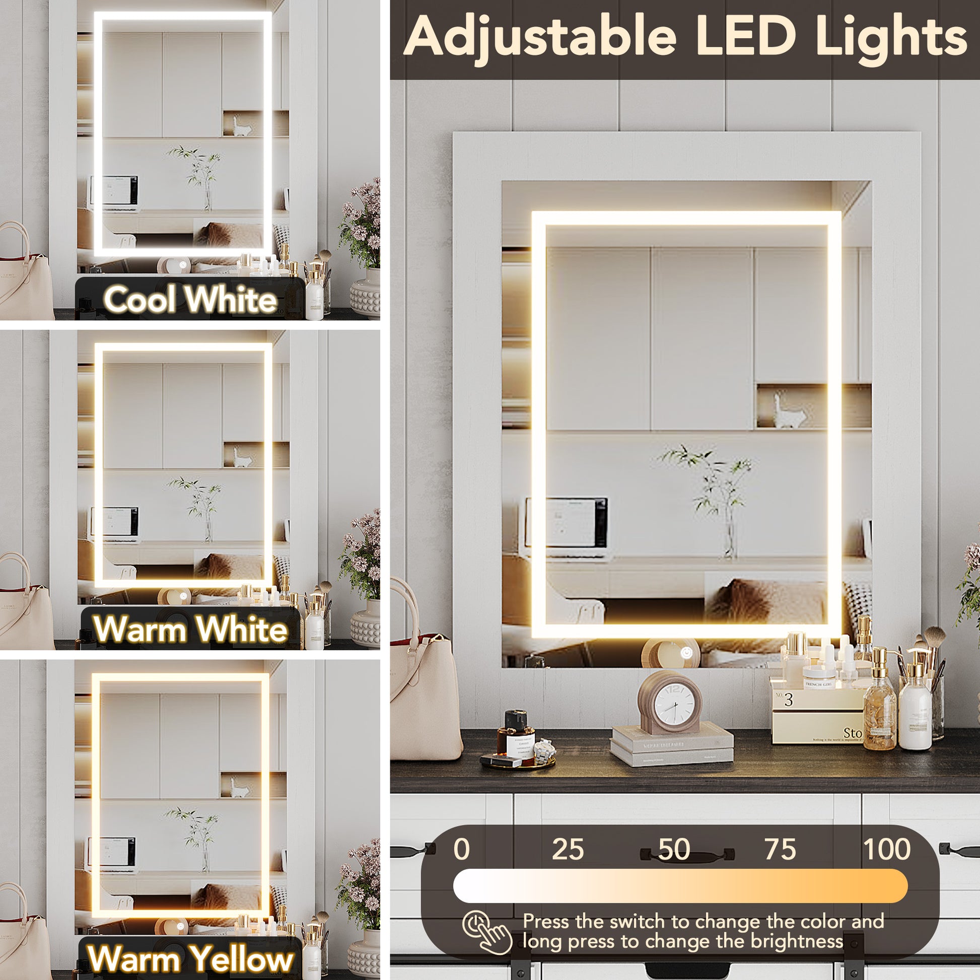 Garvee 6 Drawers Dresser with Mirror for Bedroom, Makeup Vanity with Light Mirror, Farmhouse Modern Dressers, Chest of Drawers with Sliding Barn Doors for Bedroom, Living Room