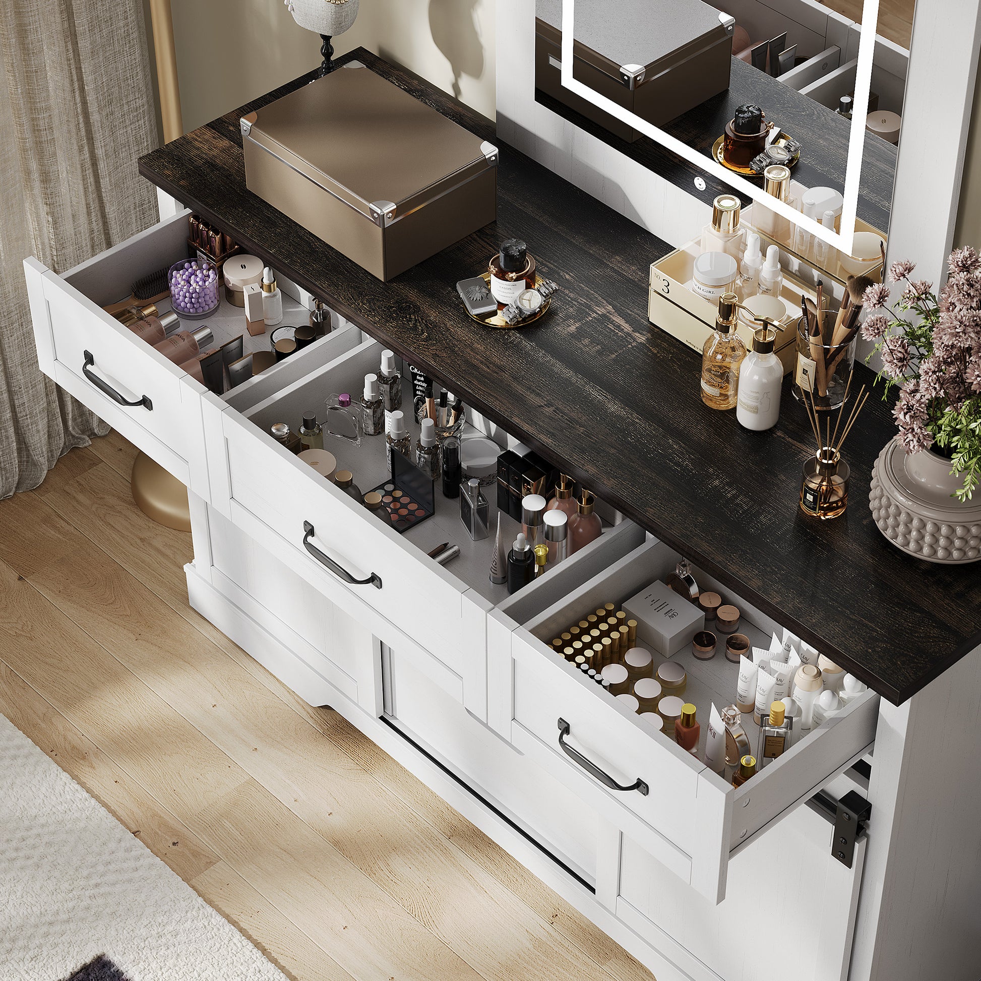 Garvee 6 Drawers Dresser with Mirror for Bedroom, Makeup Vanity with Light Mirror, Farmhouse Modern Dressers, Chest of Drawers with Sliding Barn Doors for Bedroom, Living Room