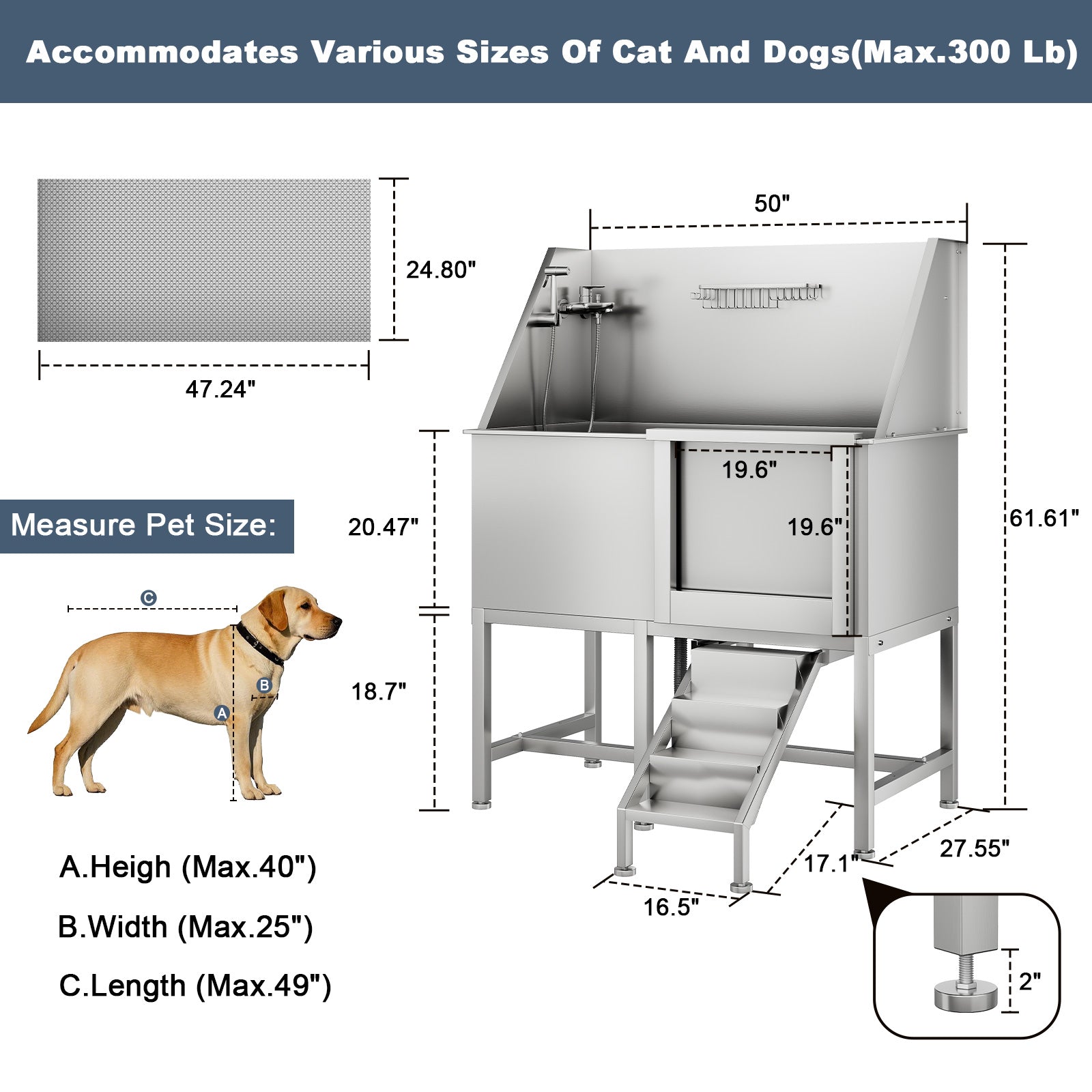 Garvee 50" Pet Dog Bathing Station, Stainless Steel Dog Bathtub W/Ramp, Floor Grate, Dog Bath Brush, Washing Gloves for Home, Professional Dog Washing Station for Pets, Right Door