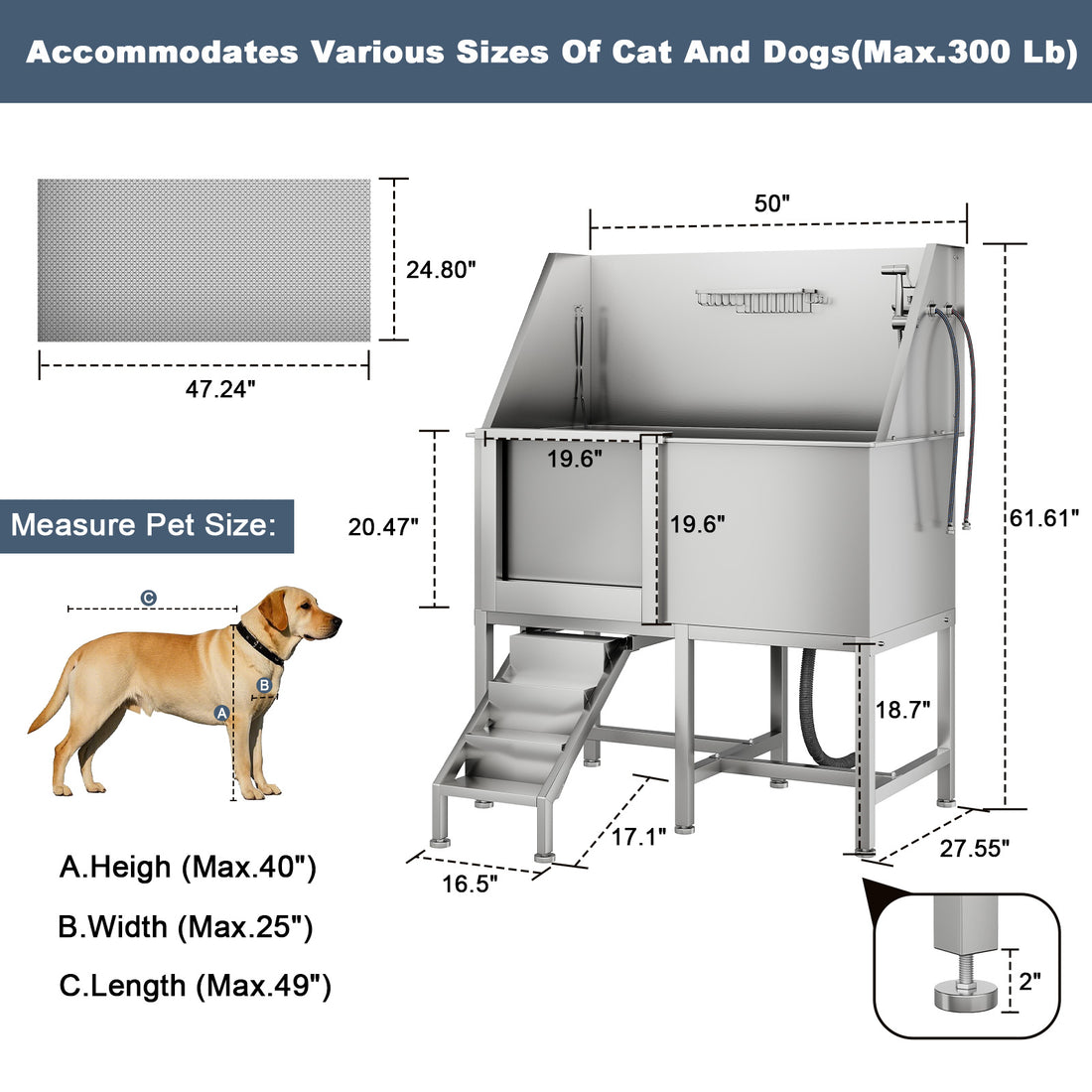 Garvee 50" Pet Dog Bathing Station, Stainless Steel Dog Bathtub W/Ramp, Floor Grate, Dog Bath Brush, Washing Gloves for Home, Professional Dog Washing Station for Pets, Left Door
