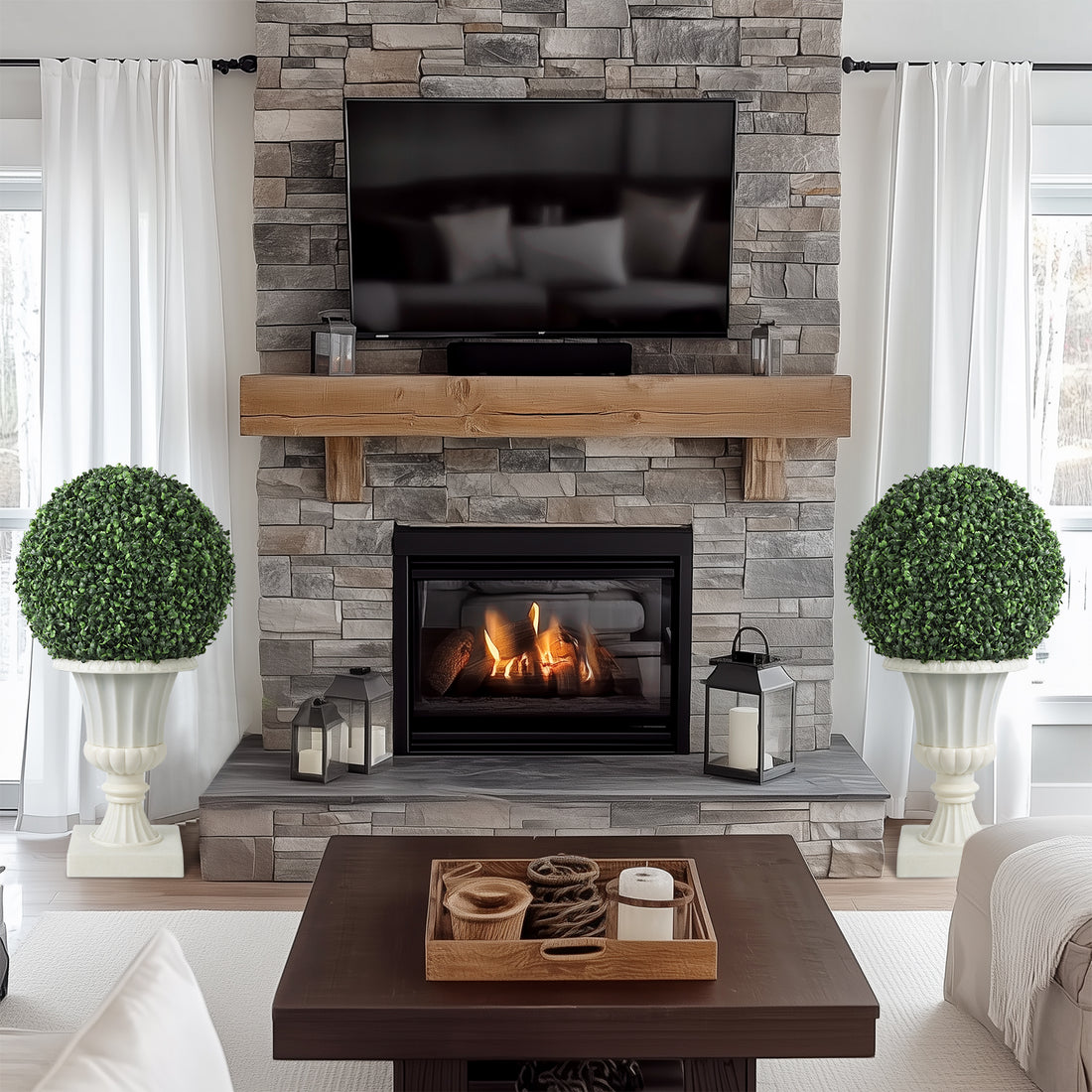 Garvee Set of 2 Artificial Plant Topiary Ball Pre-Lit Artificial Topiary Plant with Lights, Timer, Remote Control and Light Base for Outdoor Indoor, White