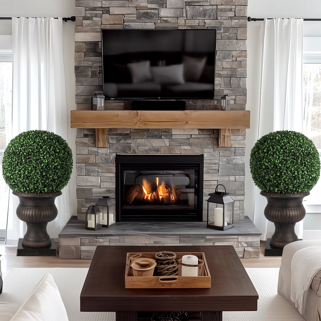 Garvee 2pcs 20” Artificial Plant Topiary Ball Pre-Lit Artificial Topiary Plant with 50 Lights, Timer, Remote Control and Sturdy Pot for Outdoor Indoor, Copper