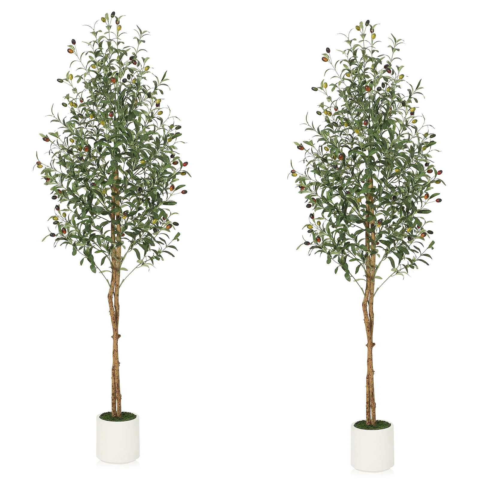 Garvee 6ft Tall Faux Silk Plant White Planter, Fake Olive Trees with Natural Wood Trunk and Green Fake Moss for Home Office Decor, 2 PCS