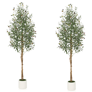 Garvee 6ft Tall Faux Silk Plant White Planter, Fake Olive Trees with Natural Wood Trunk and Green Fake Moss for Home Office Decor, 2 PCS