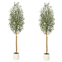Garvee 7ft Tall Faux Silk Plant White Planter, Fake Olive Trees with Natural Wood Trunk and Green Fake Moss for Home Office Decor, 2 PCS
