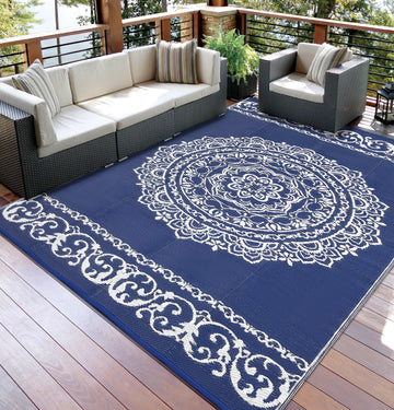 Garvee Outdoor Navy & White 9x12 Rug, Reversible Waterproof Plastic Straw Medallion Design UV Resistant Patio Deck Backyard Beach